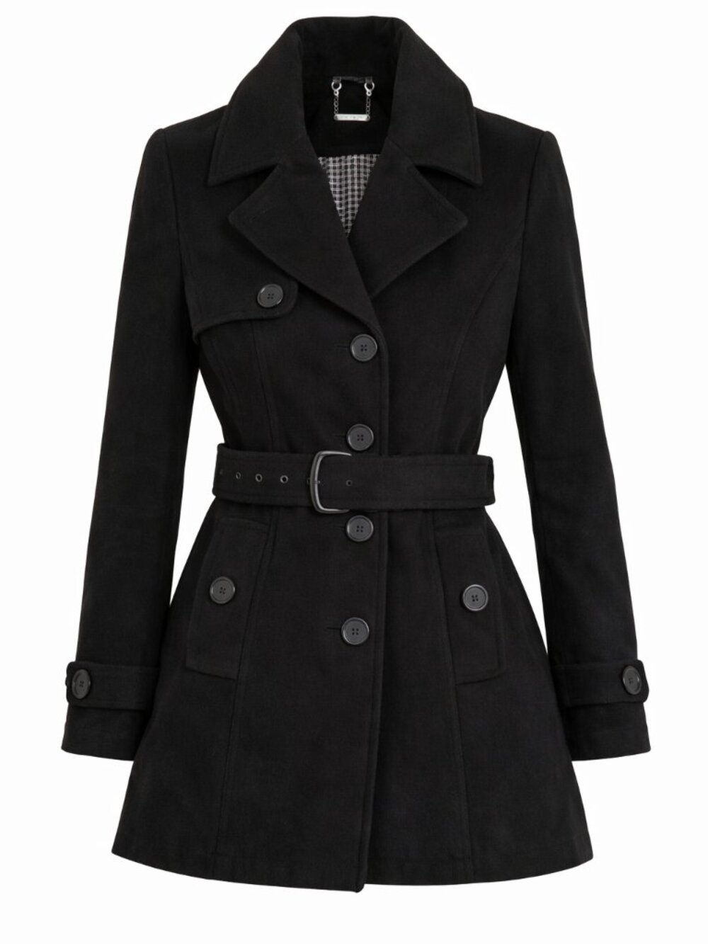 JOUJOU Women's Double Breasted Pea Coat with Belt Black - Size Youth Large
